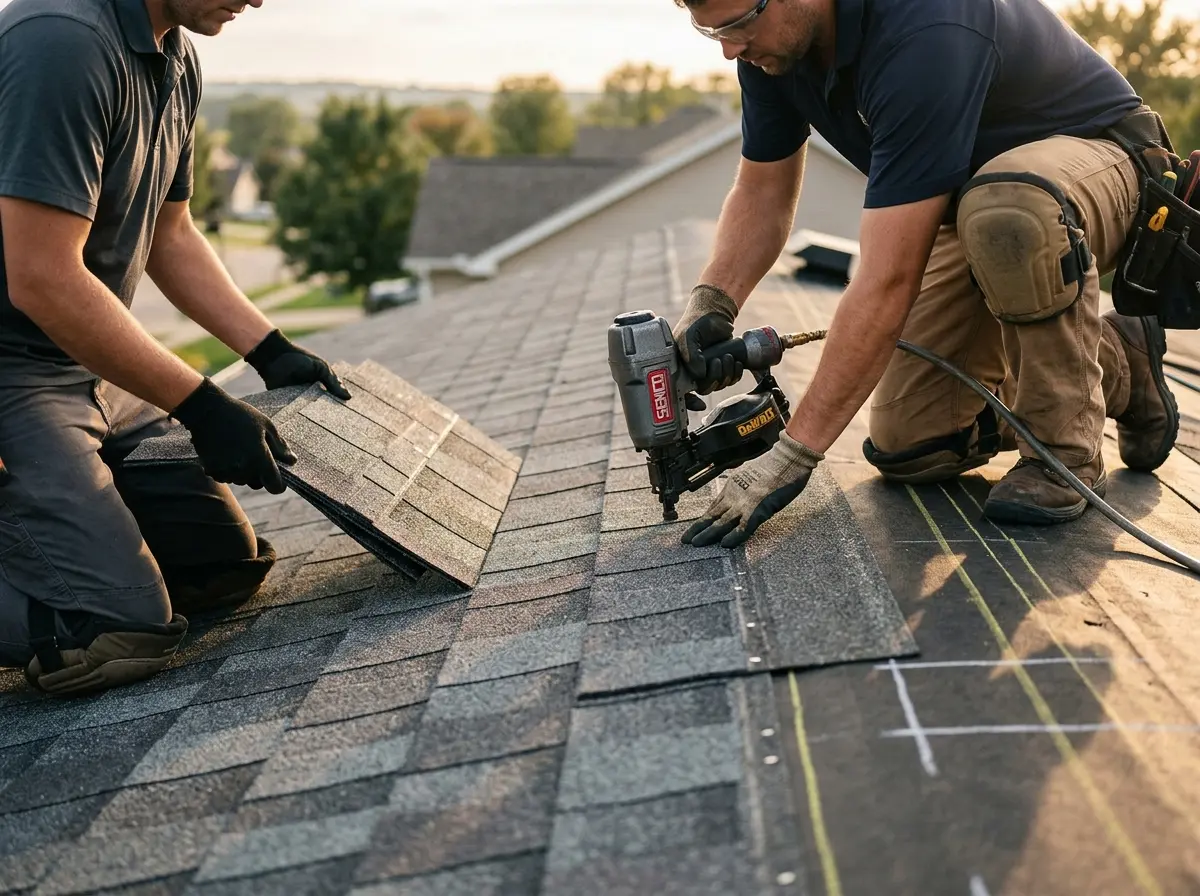 Professional roofer working on a residential roof in Bolingbrook